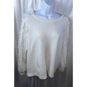 1.State Women’s White Crew Neck Fringe Sleeve Pullover Sweater Size L  Cowgirl